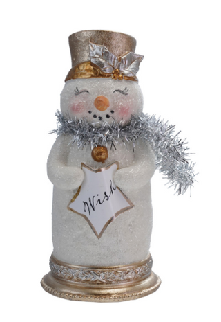 Resin Snowman with Glitter, Tinsel Scarf & Sign Assorted wish silver gold white hat
