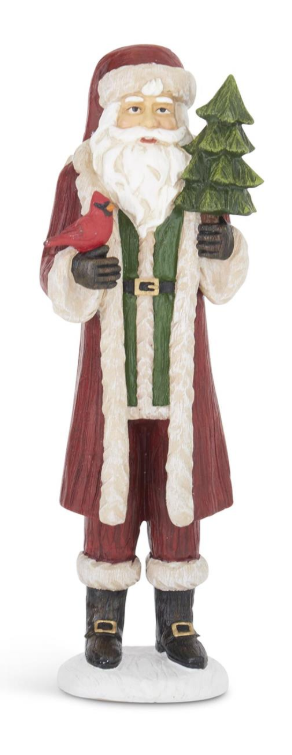 Resin Woodgrain Santa with Cardinal and Tree vintage look dark red and green