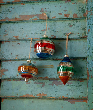 Retro Striped Ornament 4" Assorted blue  glass mercury red orange green