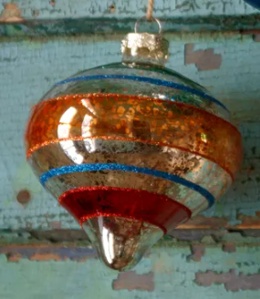 Retro Striped Ornament 4" Assorted red orange green blue glass mercury