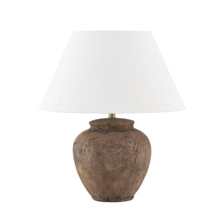 Rhodes Table Lamp wood look base distressed brown white shade gold stem