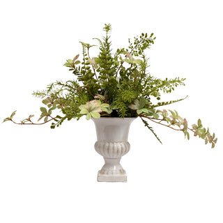 Rhodoleia & Greenery in White Urn Arrangement