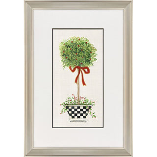 Ribbon Topiary Frame Artwork Assorted christmas holly
Framed wall art featuring a painted potted topiary tree with green foliage, small red berries, a red ribbon bow, and a black-and-white checkered planter on a white mat and light wood frame.