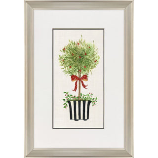 Ribbon Topiary Frame Artwork Assorted
Framed wall art featuring a decorative potted topiary with green foliage, small red berries, and a red bow on a white background, set in a light wood frame with a white mat black and white stripe holly Christmas