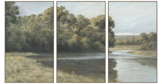 Riverbend II Framed Canvas Set of 3 water river tree green gray 