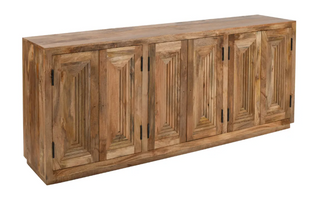A wooden sideboard with six doors featuring a natural wood finish.