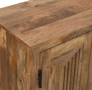 A wooden sideboard with six doors featuring a natural wood finish.