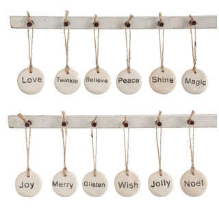 Round Stoneware Tag Ornament with Holiday Word Assorted love twinkle believe peace shine magic joy merry glisten wish jolly noel