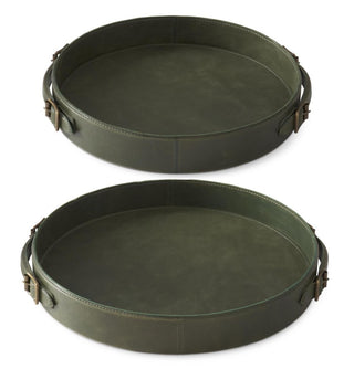 Round Tan Leather Tray with Brass Buckle Accent Handle Assorted in Green