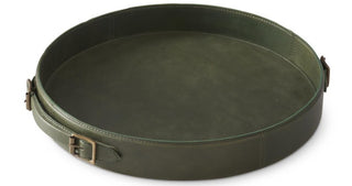 Round Tan Leather Tray with Brass Buckle Accent Handle Assorted in Green