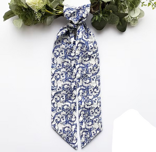 Royal Blue & White Acanthus Scroll Chinoiserie Taffeta Sash 4"x56"