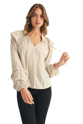 Ruffle Accent Peasant Style Top in Champagne