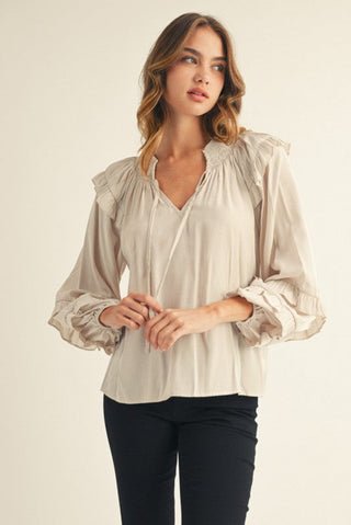 Ruffle Accent Peasant Style Top in Champagne