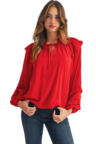 Ruffle Accent Peasant Style Top in Red