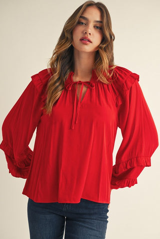 Ruffle Accent Peasant Style Top in Red