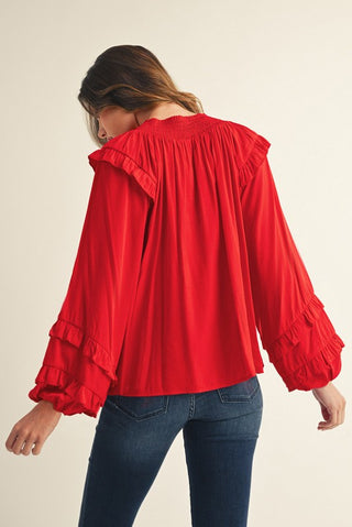Ruffle Accent Peasant Style Top in Red