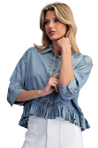 Ruffled Hem Button Down Denim Top