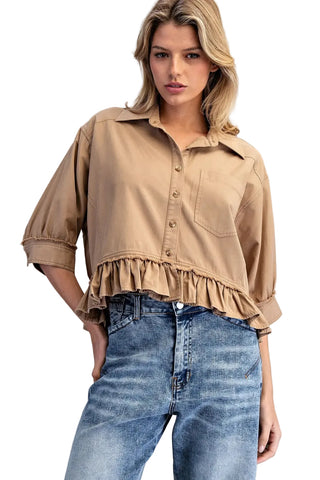 Ruffled Hem Button Front Top in Coco