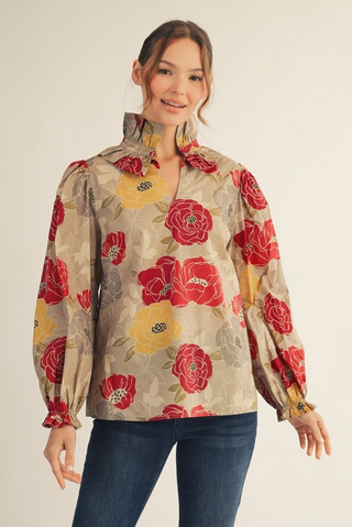 Ruffled High Neck Floral Top in Burgundy/Olive