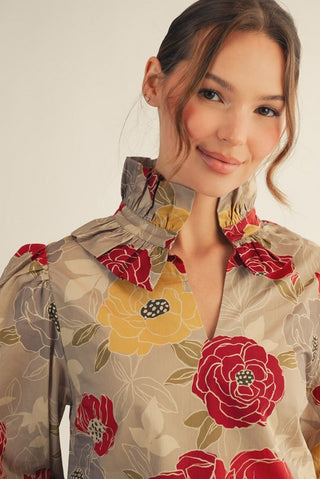 Ruffled High Neck Floral Top in Burgundy/Olive