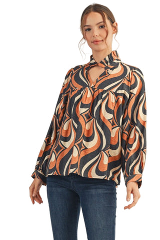 Ruffled Neckline Geometrical Print Top in Black