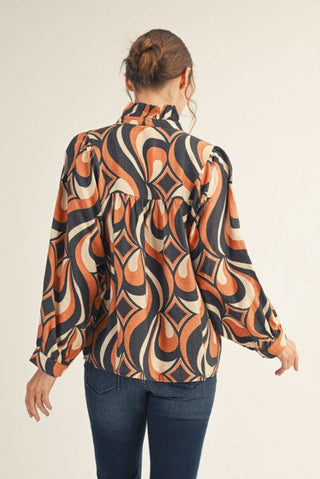 Ruffled Neckline Geometrical Print Top in Black