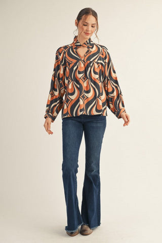 Ruffled Neckline Geometrical Print Top in Black
