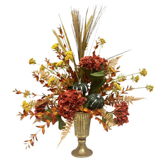 Rust Hydrangea & Yarrow in Brass Vase Arrangement