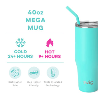 A blue stainless steel SWIG mug with a straw, featuring a comfort-grip handle and triple insulation technology.