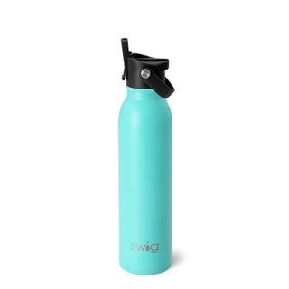 A blue stainless steel SWIG Aqua water bottle with a black silicone base, designed to hold 20oz of liquid.