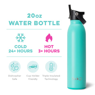 A blue stainless steel SWIG Aqua water bottle with a black silicone base, designed to hold 20oz of liquid.