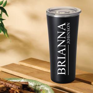 An engraved black 22 oz stainless steel tumbler with a SWIG brand name on the front.
