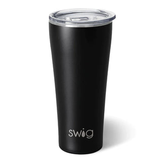 A black 32 oz stainless steel tumbler with a clear silicone base, featuring the brand name 'swig' on the front.
