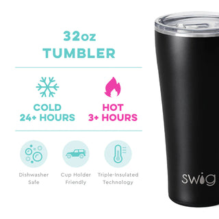 A black 32 oz stainless steel tumbler with a clear silicone base, featuring the brand name 'swig' on the front.