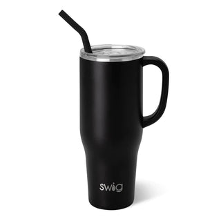 A black stainless steel SWIG branded mega mug with a comfort-grip handle and a straw on a white background.