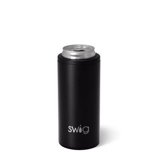 A black stainless steel skinny can cooler with a silicone base, designed to hold most 12oz slim can beverages.