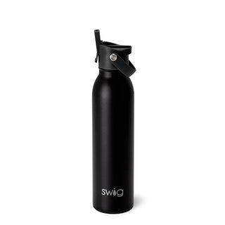 A black stainless steel water bottle with a capacity of 20oz, featuring a slip-free silicone base and a flip-top lid with a black ring.