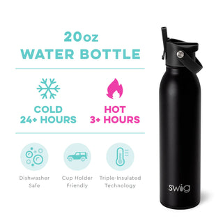 A black stainless steel water bottle with a capacity of 20oz, featuring a slip-free silicone base and a flip-top lid with a black ring.