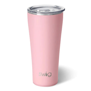 A pink 32 oz stainless steel SWIG tumbler with a clear silicone base.