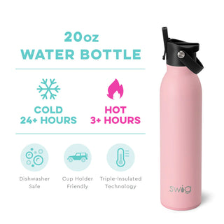A pink stainless steel SWIG water bottle with a black silicone base, displaying the brand name 'SWIG' on the front.