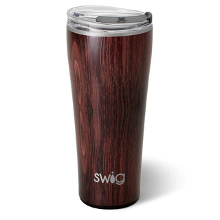 A stainless steel tumbler with a bourbon barrel design and the brand name 'SWIG' engraved on the front.