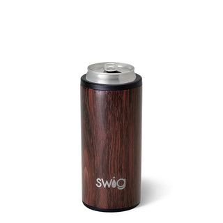 A SWIG brand Skinny Can Cooler made of stainless steel with a textured woodgrain finish, designed to hold 12oz beverages.