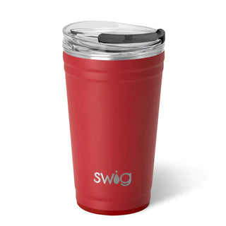 A red SWIG insulated party cup with a clear lid, featuring the SWIG logo on the front.