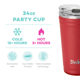 A red SWIG insulated party cup with a clear lid, featuring the SWIG logo on the front.