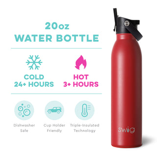 A red 20oz Swig stainless steel water bottle with a flip-top lid and carrying handle.