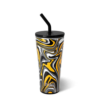 A 32oz stainless steel tumbler with black and yellow retro swirl pattern, featuring a removable straw and a push seal lid.