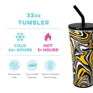 A 32oz stainless steel tumbler with black and yellow retro swirl pattern, featuring a removable straw and a push seal lid.