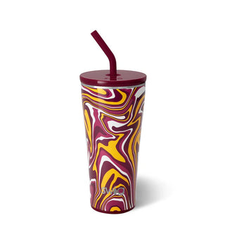A maroon and yellow swirled insulated stainless steel tumbler with a straw and lid.