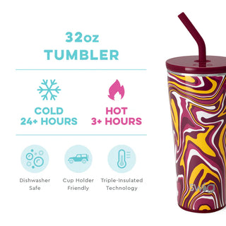A maroon and yellow swirled insulated stainless steel tumbler with a straw and lid.