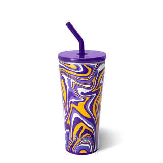 A purple and yellow swirled insulated stainless steel tumbler with a straw and lid.